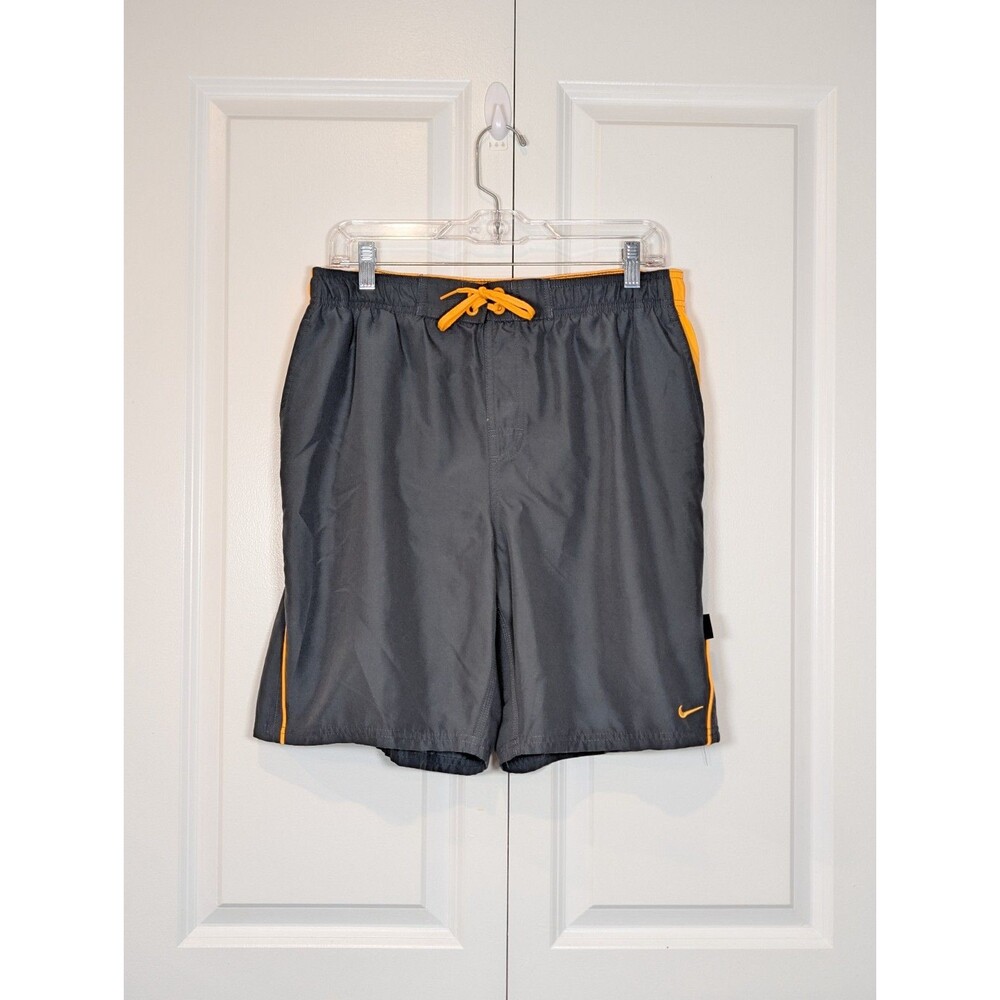 Nike Men's Swim Trunks Size L Gray Orange Swoosh Board Shorts Mesh Lined